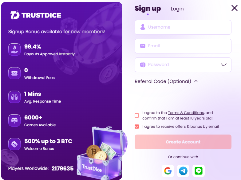 Регистрация в Trustdice